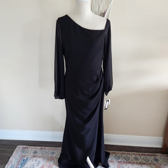 Betsy & Adam Black Donna Long Off the Shoulder Illusion Sleeve Dress Size 10 NWT - Picture 2 of 16